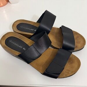 Chocolat Blu Black Leather Slide Sandals Platform Cork Heels Size 7